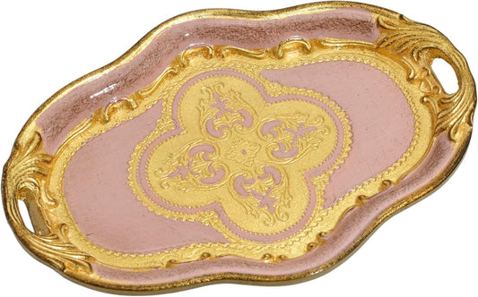 Small Hand Carved Vintage Florentine Wood Gold Vanity Tray with Handles, 10" x 7", Hand-Painted, Gold Platter for Shabby Chic Decor, Perfume Tray, Vintage Gift for Women, Made in Italy (Pink)