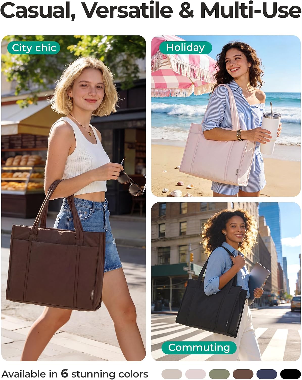 BAGSMART Tote Bag for Women, 2Pc Puffy Tote Bag Set with Zipper, Quilted Large Work Teacher Bag for Travel