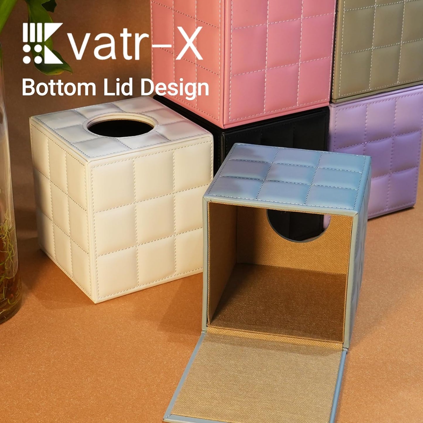 Square Leather Tissue Box Cover, Hand MDF Inner Frame Tissue Holder (Pink & 5.3 x 5.3 x 5.9 inch)