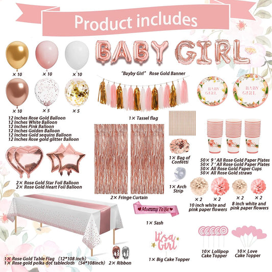 Guudmua 301Pcs Baby Shower Decorations For Girl, Girl Baby Shower Decorations Kits - Disposable Dinnerware Set With Pink Rose Gold Floral (50 Guest), "BABY girl" Banner, Balloon, Sash, Cake Topper