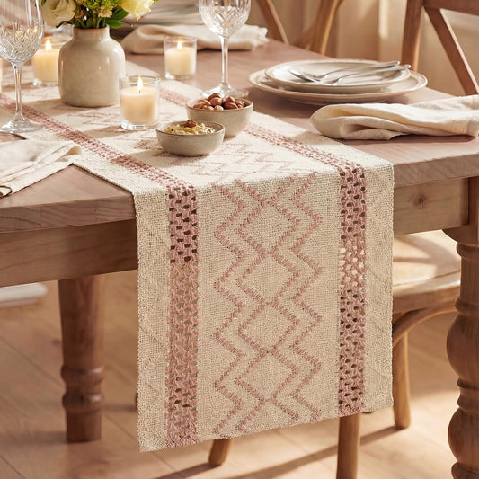 Artoid Mode Pink Stripe Diamond Pattern Woven Table Runner, Seasonal Holiday Hollow Kitchen Dining Table Decoration for Home Party Decor 12x72 Inch