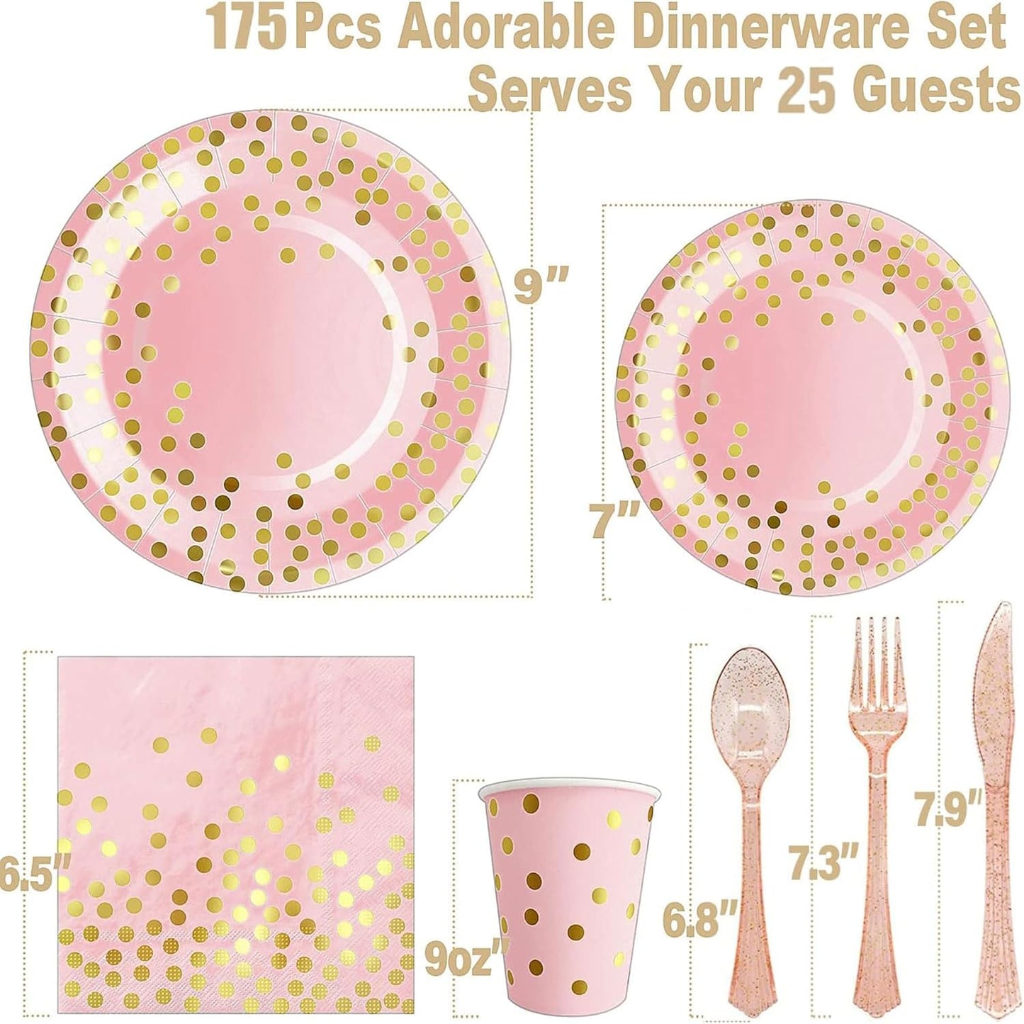 AIRE Pink Gold Paper Plates, 175PCS Disposable Dinnerware Set for 25 Guests | Thick food-grade paper,ideal for elegant weddings birthday graduations,leakproof heavy-duty construction,eco-friendly party