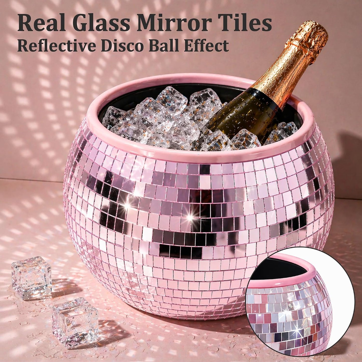 Pink Disco Ball Ice Bucket, Dual Layer Leakproof Mirrored Champagne Bucket Holds 3 Bottles with Ice, Real Glass Mosaic Party Decor for Bachelorette, Girls Night, Birthday, Centerpiece Indoor Outdoor
