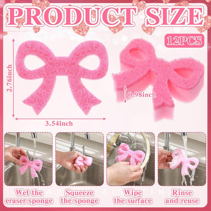Tioncy 12 Pack Pink Bow Sponges Bulk Preppy Dual Sided Scrubber Pink Bow Sponges Reuseble Non Scratch Dishwashing Kitchen Cleaning Accessories for Cookware Pot Boiler Pan Household