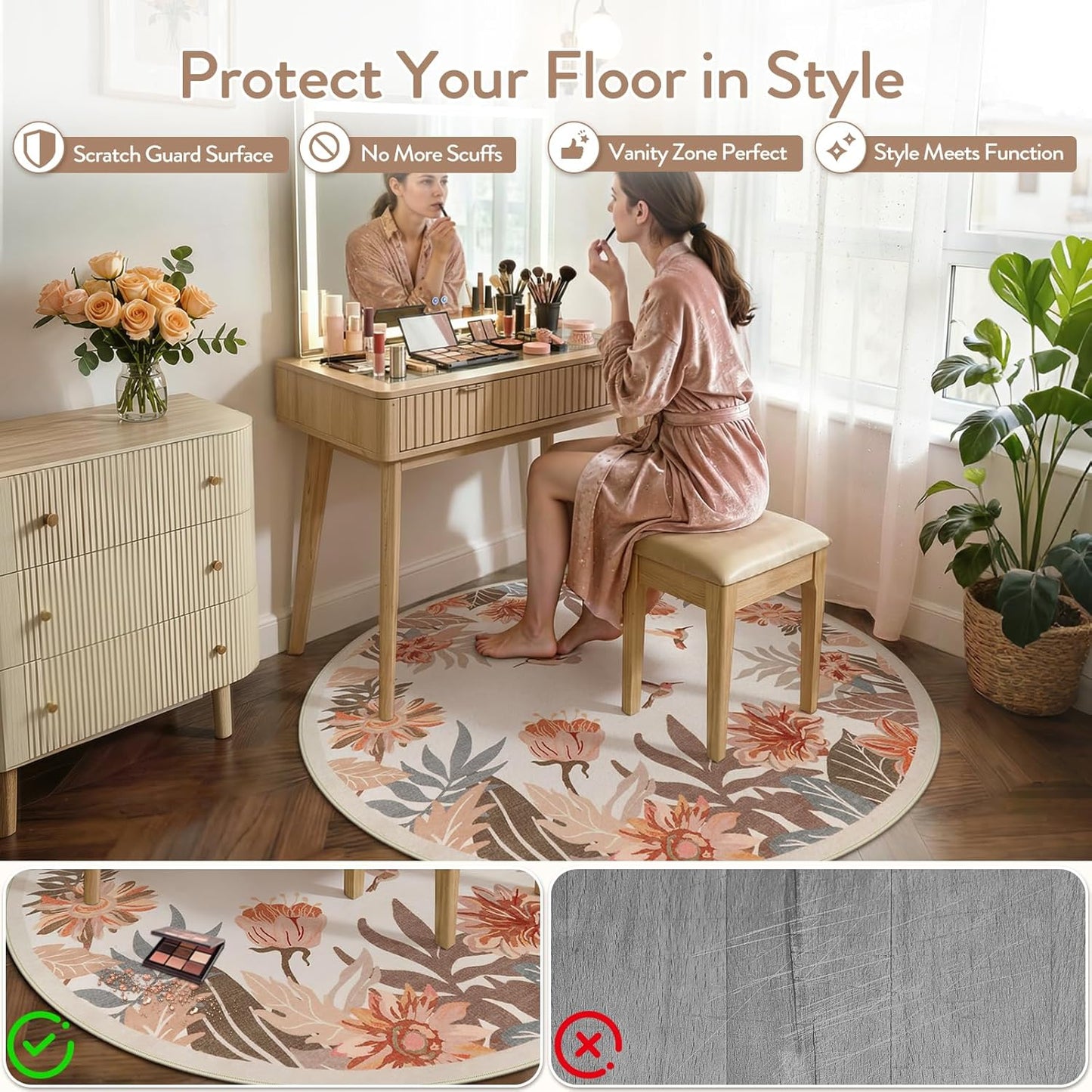 Beeiva Floral Round Rug 4ft for Entryway - Washable Circular Pink Boho Rug for Bedroom, Non Slip Small Rugs Circle Carpet for Dining Room Kitchen Table Flower Print Décor(Beige,Round 4')