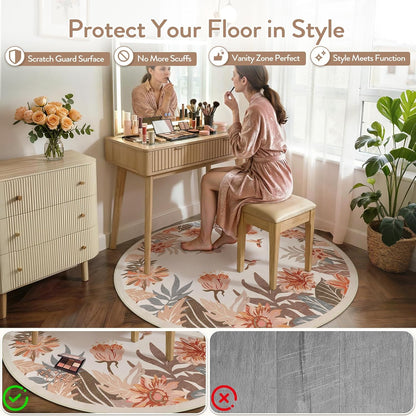 Beeiva Floral Round Rug 4ft for Entryway - Washable Circular Pink Boho Rug for Bedroom, Non Slip Small Rugs Circle Carpet for Dining Room Kitchen Table Flower Print Décor(Beige,Round 4')
