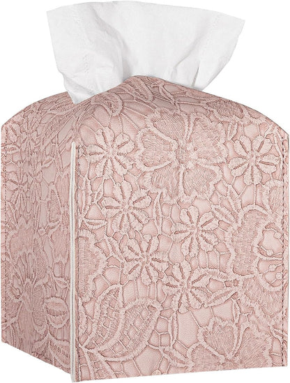 Tissue Box Cover PU Leather Square Tissue Holder Facial Paper Organizer Dispenser for Bathroom Vanity Countertop, Dresser, Tabletop, Office, Car, Pink