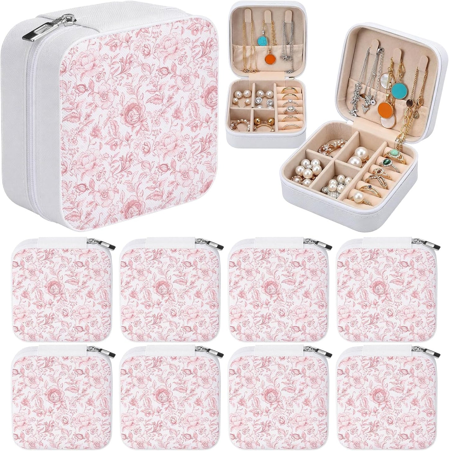 Novabright 8 Pcs Pink and White Floral Travel Jewelry Case Bulk Small Bridesmaid Jewelry Organizers and Storage Box Gifts Little Accessories Holder Tiny Wedding Bridal Party Favors for Women