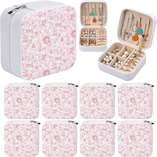 Novabright 8 Pcs Pink and White Floral Travel Jewelry Case Bulk Small Bridesmaid Jewelry Organizers and Storage Box Gifts Little Accessories Holder Tiny Wedding Bridal Party Favors for Women
