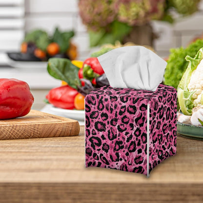 ZFRXIGN Leopard Print Tissue Box Covers Square Cube Tissue Box Covers Pink Tissue Box Cover for Bathroom Night Stand Office Vanity Countertop Leather Facial Paper Organizer Dispenser