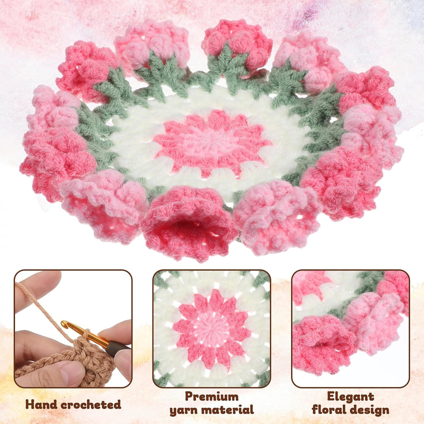 Crochet Coaster Set Handmade Pink Flower, Bouquet Blanket Coasters | for Coffee Tabletop Protection, Decorative Crochet Coasters for Home Decor, Floral Coaster with Flower Basket