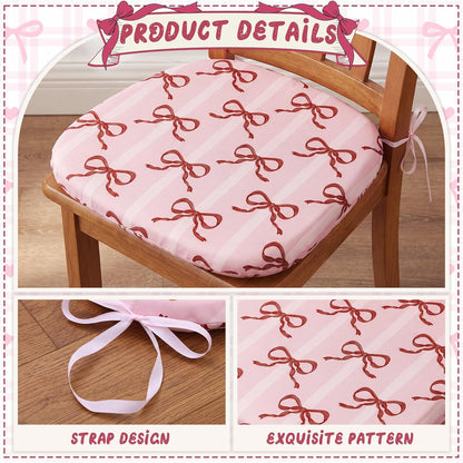 6 Pack Pink Bow Chair Cushions for Dining Chairs 17" x 16" x 2" D-Shaped Breathable Linen Kitchen Chair Pads with Ties Washable Non Slip Seat Cushion for Dining Kitchen Office Indoor