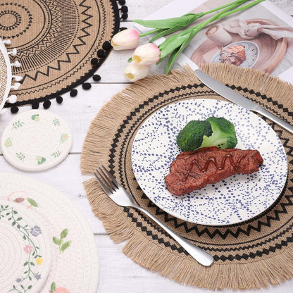 uxcell Round Placemats Set of 2, 7.1 Inch Cotton Rope Braided Place Mats, Heat Resistant Woven Table Placemats, for Home Wedding Holiday Party, Peach Pattern