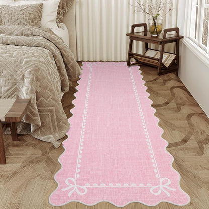 GarveeHome Scalloped Bow Rug for Living Room, Solid Pink Rug for Dorm, Washable Runner Rugs 2x6 Soft Low Pile Non Slip Scalloped Rugs for Nursery Bedroom Decor Hallway Entryway Playroom