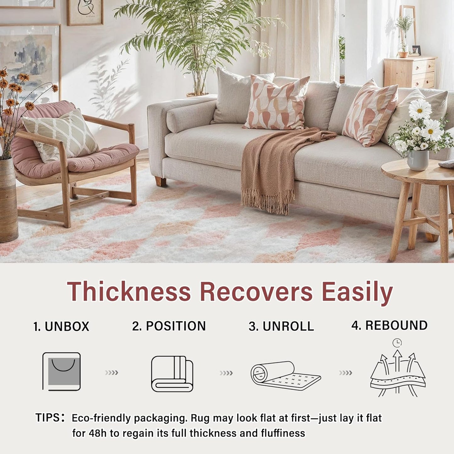 PureCozy Checkered Rug 4x6 Fluffy Shag Living Room Pink Area Rug Modern Washable Carpet Soft Shaggy Non Slip Indoor Plush Fuzzy Rugs for Bedroom Dorm Office Home Aesthetic Decor
