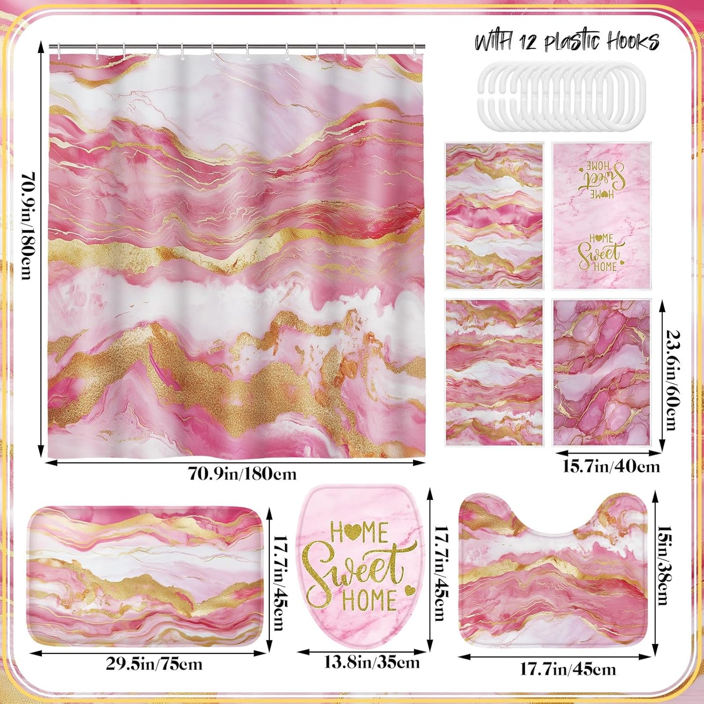 Honoson 8 Pcs Marble Bathroom Accessories Shower Curtain Set with Rugs and Kitchen Towels Modern Marble Farmhouse Bathroom Decor Floor mats for Farmhouse Country Spring Decor (Pink)