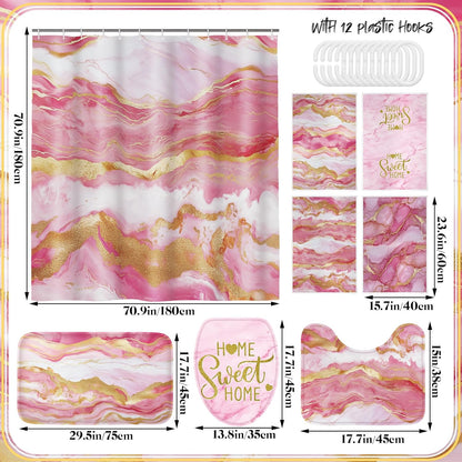 Honoson 8 Pcs Marble Bathroom Accessories Shower Curtain Set with Rugs and Kitchen Towels Modern Marble Farmhouse Bathroom Decor Floor mats for Farmhouse Country Spring Decor (Pink)