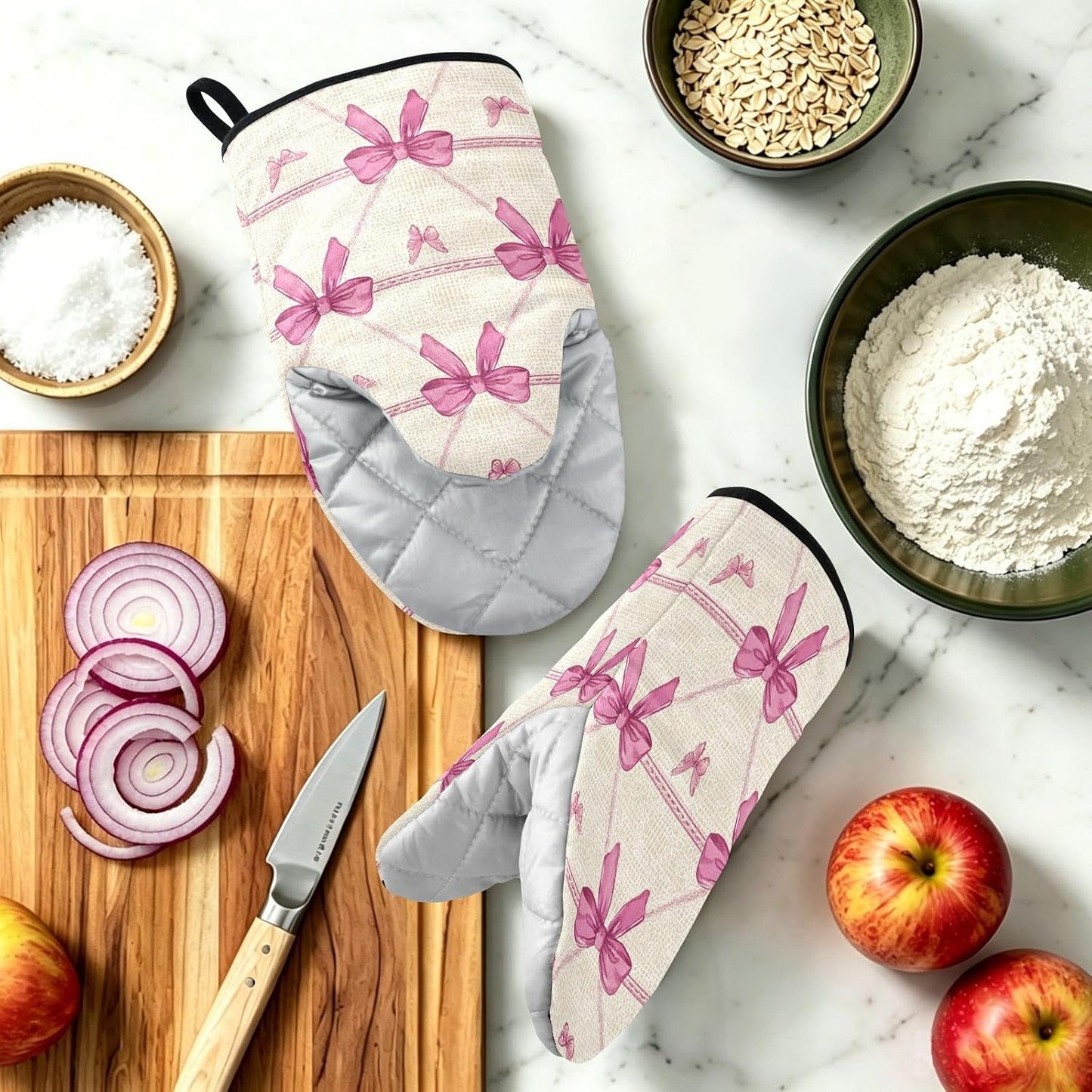 Oven Mitt 2 Pack Set Pink Bow Pattern Butterfly Kitchen Mitts Gloves for for Cooking Baking Grilling