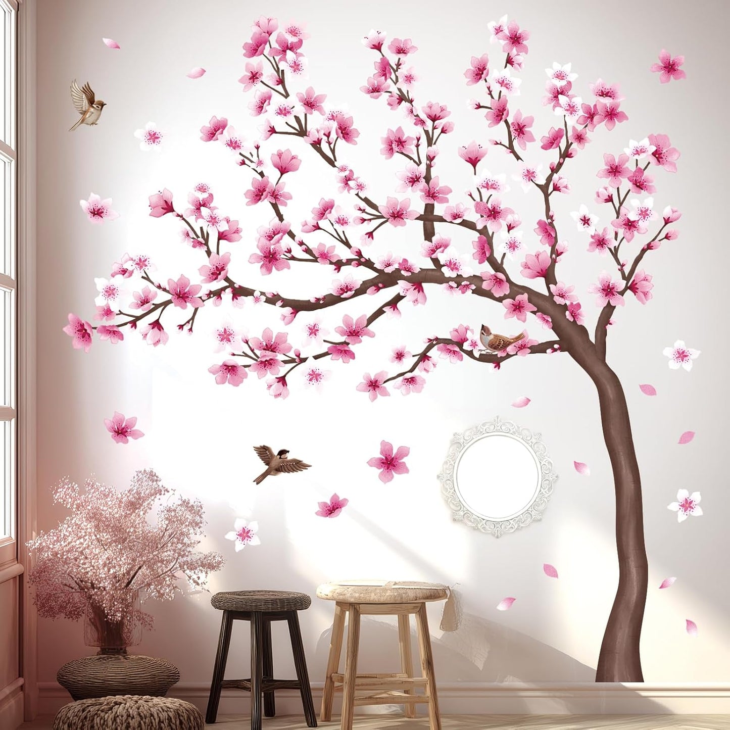 DECOWALL Cherry Blossom Tree Wall Stickers Decals Kids Room Bedroom Living Flower Branch Décor Pink tv Birds Art Background Peel and Stick (SG4-2431)