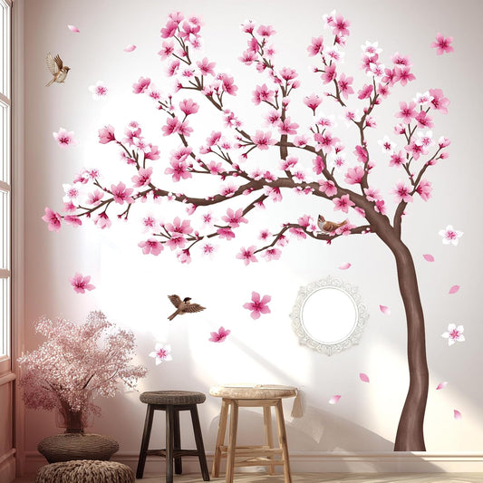 DECOWALL Cherry Blossom Tree Wall Stickers Decals Kids Room Bedroom Living Flower Branch Décor Pink tv Birds Art Background Peel and Stick (SG4-2431)