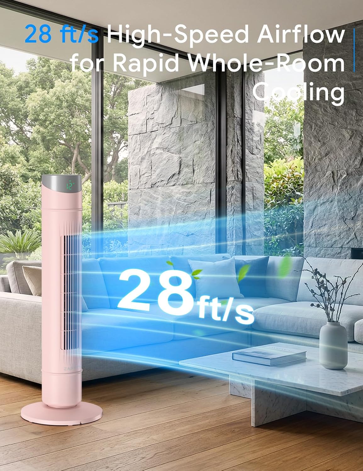 ZAFRO Smart Tower Fan for Bedroom,120° Oscillating Tower Fan,28ft/s High-Speed 12 Speeds 4 Modes,Upgraded DC 22dB Ultra Quiet,App/Voice Control,Standing Fan with 12H Timer,36Inch,Pink