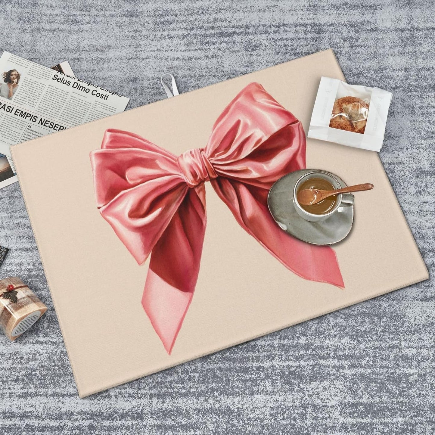 Watercolor Pink Velvet Bow On Light Beige Dish Drying Mat For Kitchen Counter, Drain Rack Mat Microfiber Quick Dry Dish Pad