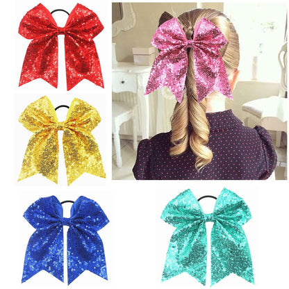 6.5 Inches Sequins Hair Bows Elastic Hair Tie Ribbon Large Cheer Bow Ponytail Holder Hair Band for Women Girls Kids Teens (Pink)
