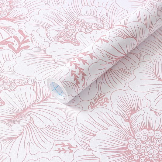 GloryTik Floral Peel and Stick Wallpaper Boho Contact Paper 17.3" x 118" Pink and White Self Adhesive Removable Wallpaper Modern Wall Paper for Bedroom Bathroom