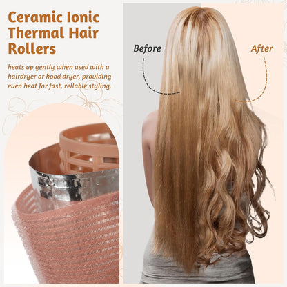 9pcs Ceramic Ionic Thermal Hair Rollers,Self-Grip Hair Roller Set Hair Curlers,Rollers Hair Curlers to Sleep In for Hair Blowout Look,Salon Quality for Long Short Hair(Brown Pink White)