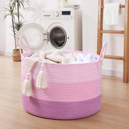 Extra Large Toy Basket, 20"x13" Kids Toy Storage for Playroom Classroom Nursery, Woven Rope Blanket Basket with Handles, Stuffed Animal Organizer & Dog Toys Basket, Pink
