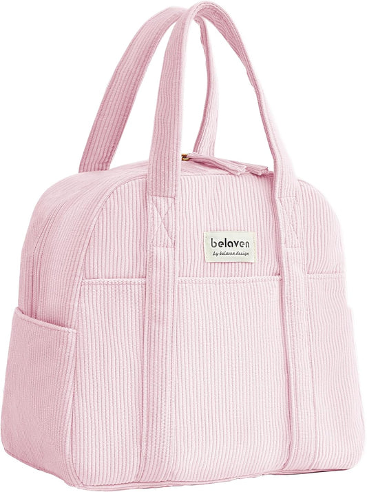 Insulated Lunch Bag for Women, 6-Hour Cold Retention Cooler Tote with Sturdy Handle, 15-Can Spacious Capacity, Leakproof Corduroy Fabric & Aluminum Foil Lining, (Pink)