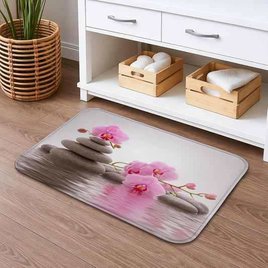 Zen Orchid Quick Dry Bath Mat, Elegant Peach Floral Stones Absorbent Non Slip Shower Mat, Modern Flannel Washable Bath Rugs for Bathroom Toilet Restroom Decorative 20x32 Inch