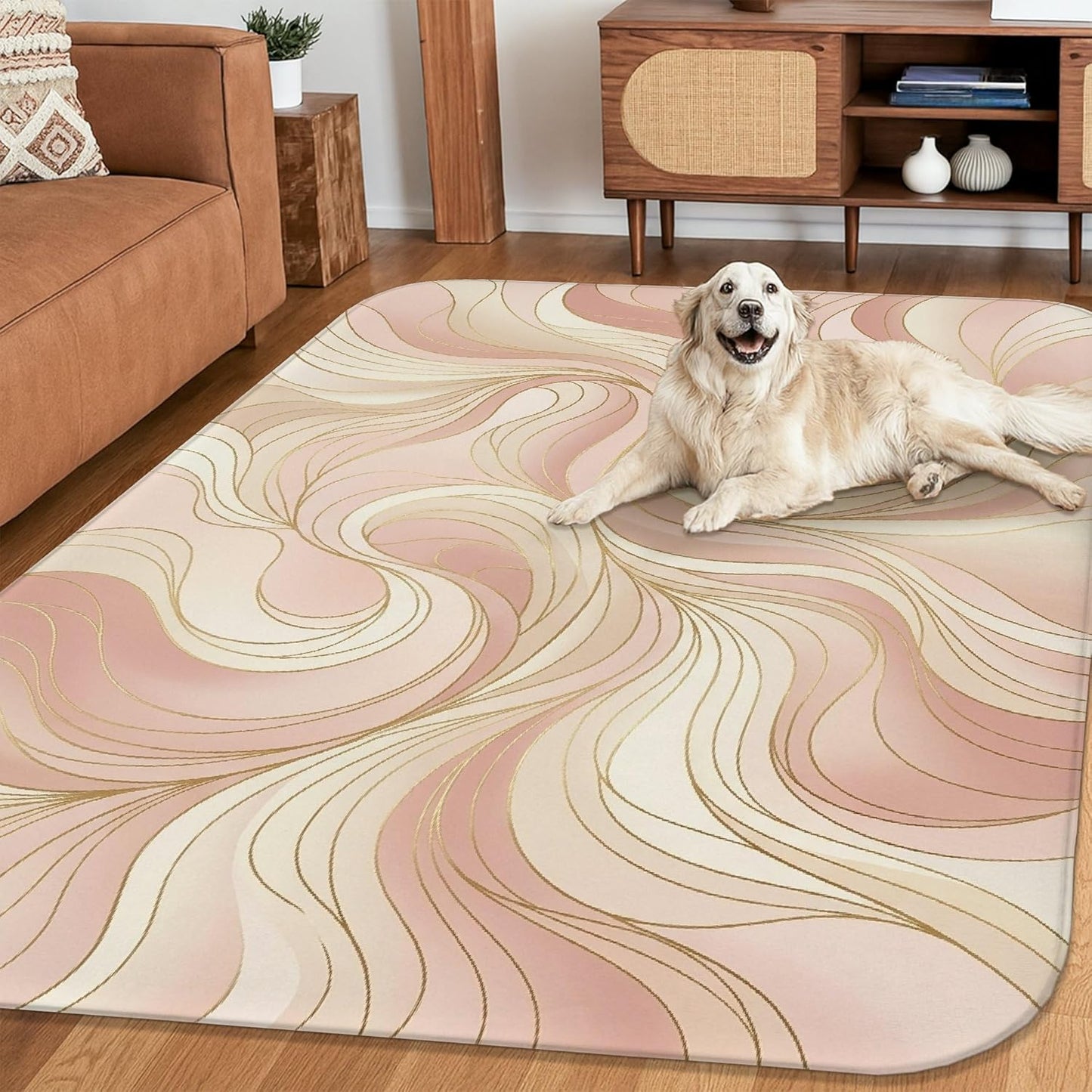 Swirls Area Rug, Modern Abstract Lines Curves None Peach Non-Slip Aesthetic Rectangle Home Floor Carpet Rugs for Living Room Bedroom Kitchen Hallway Decor 4' X 6'