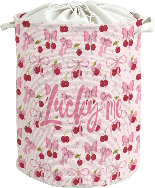 Coquette Pink Bow Cherry Laundry Basket, Preppy Girls Laundry Basket Hamper, Girly Aesthetic Cherry Waterproof Storage Bin Toy Box Organizer for Girls Bedroom Bathroom Clothes Toys