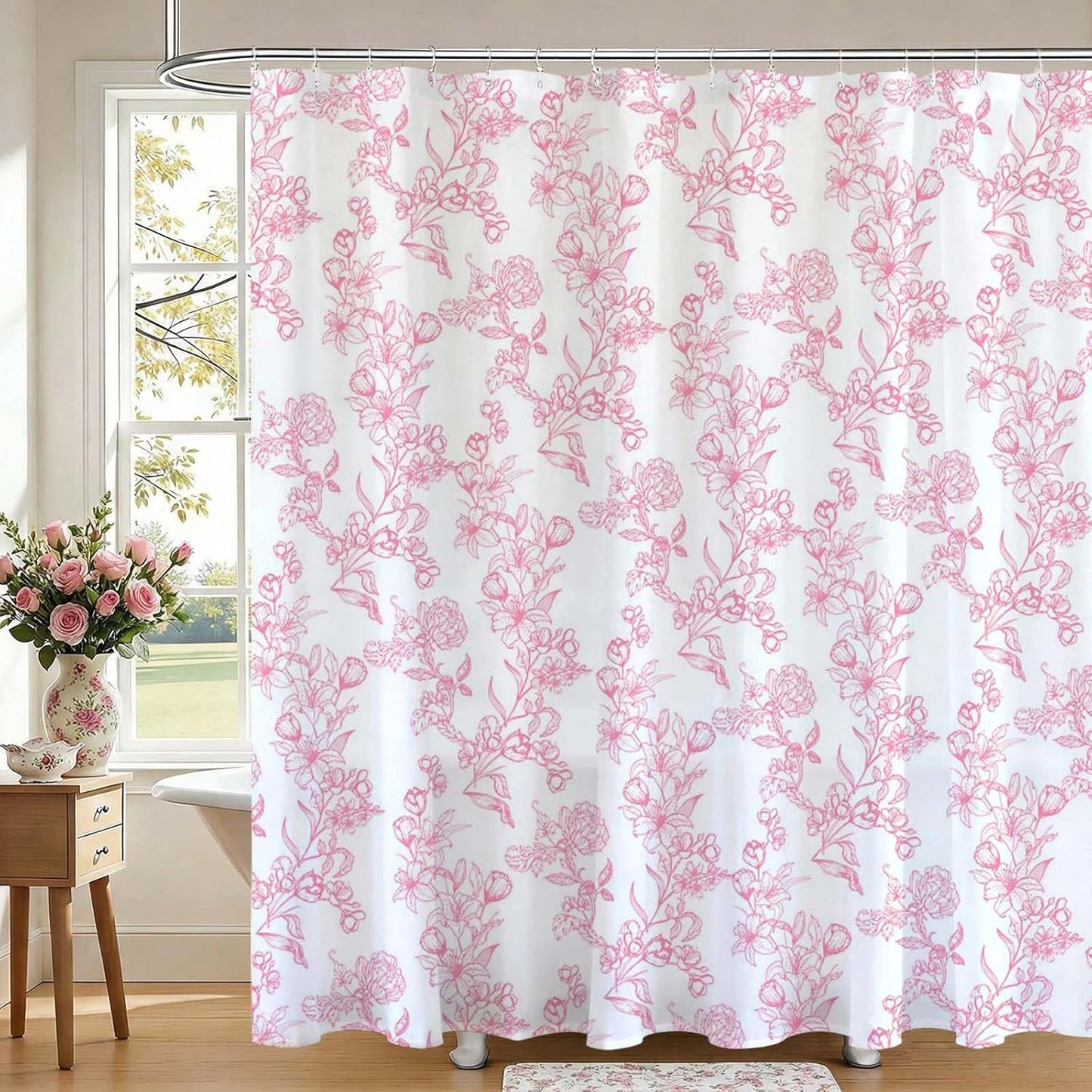 Mocsicka Floral Shower Curtain Pink Flower Bathroom Shower Curtain Spring Floral Pink Waterproof Fabric Shower Curtains Bathtub Decor with 12 Hooks 72 X 72 Inch (Pink)