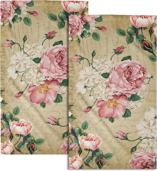 Giwawa Vintage Rose Floral Hand Towels, 15x30 in Set of 2, Retro Pink Flower Leaves Stamp Hair Face Towel Soft Highly Absorbent Shabby Chic Beige Fingertip Towel for Bathroom Girl Woman Guest Gifts