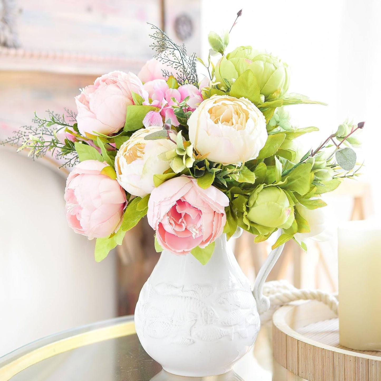 FiveSeasonStuff Artificial Peony Bouquet, Pink, Beige & Green Silk Flowers for Wedding Centerpieces, Bridal Bouquets & Home Decor – Spring Waltz