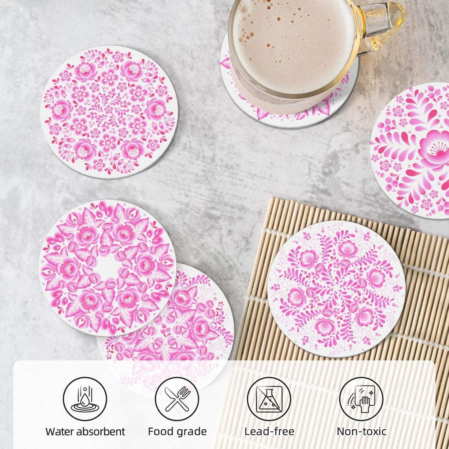 Coasters with Holder,Pink Flower Style Ceramic Drink Coaster, Absorbent Coaster Sets of 6 for Tabletop Protection,Suitable for Kinds of Cups, Wooden Table