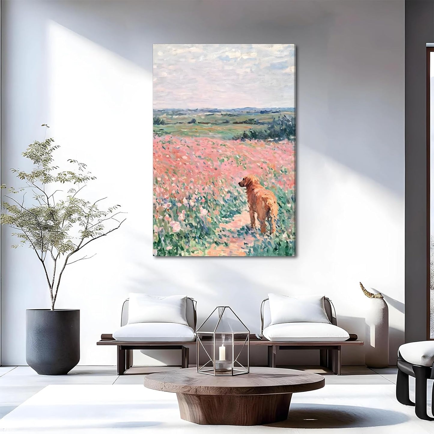 SIXWOOD Cute Dog in Spring Pink Wildflower Field Canvas Wall Art Painting, Pastel Landscape with Golden Retriever Picture Wall Decor for Living Room Girls Room, 16x24in Framed Ready to Hang Art Print
