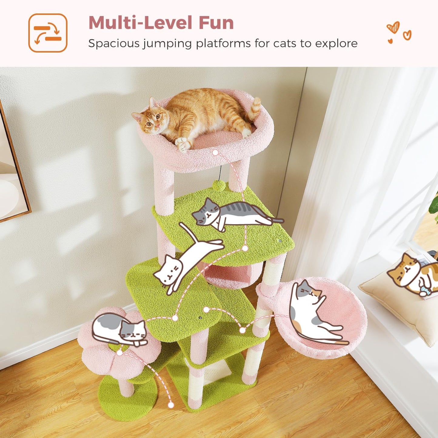 Flower Cat Tree for Large Cats, 59" Tall Cat Tower with Soft Flower Perch, Multi-Level Tower with Spacious Condo, Large Hammock and Scratching Posts, Sturdy Play House for Indoor Cats, Pink
