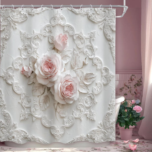 Pink Rose Floral 60Wx72H Shower Curtain Romantic Vintage Flower Unique White Relief Sculpture Retro Leaves Plant Botanical Bathroom Curtain Set Elegant Bath Bathroom Accessories Decor