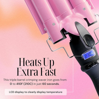 Alure Three Barrel Curling Iron Wand Hair Waver with LCD Temperature Display - 1 Inch Ceramic Tourmaline Triple Barrels, Dual Voltage Crimp