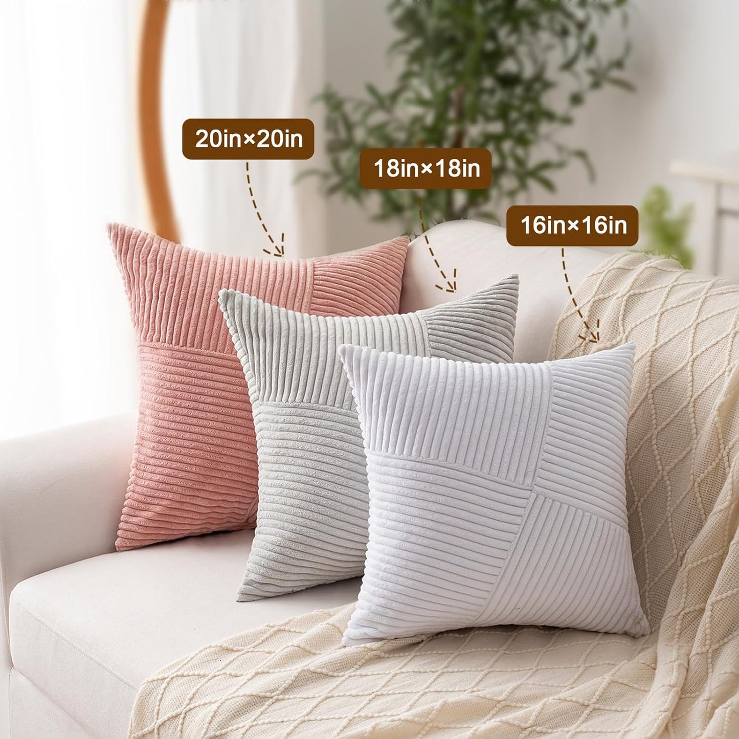 Decorative Throw Pillow Covers20x20 Inch Set of 2 for Boho Living Room Farmhouse Home Decor, Spring Pillow Covers for Couch Bed, Soft Corduroy Striped Patchwork Cushion Cases, Blush Pink