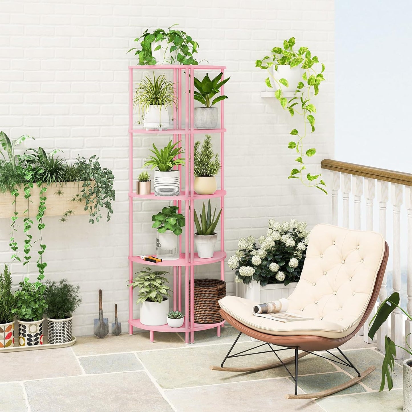 Yoobure Corner Shelf Stand, 5-Tier Bookshelf, 65" Tall Shelves for Bedroom, Living Room, Narrow Display Bookcase, Pink with Display Shelves for Office