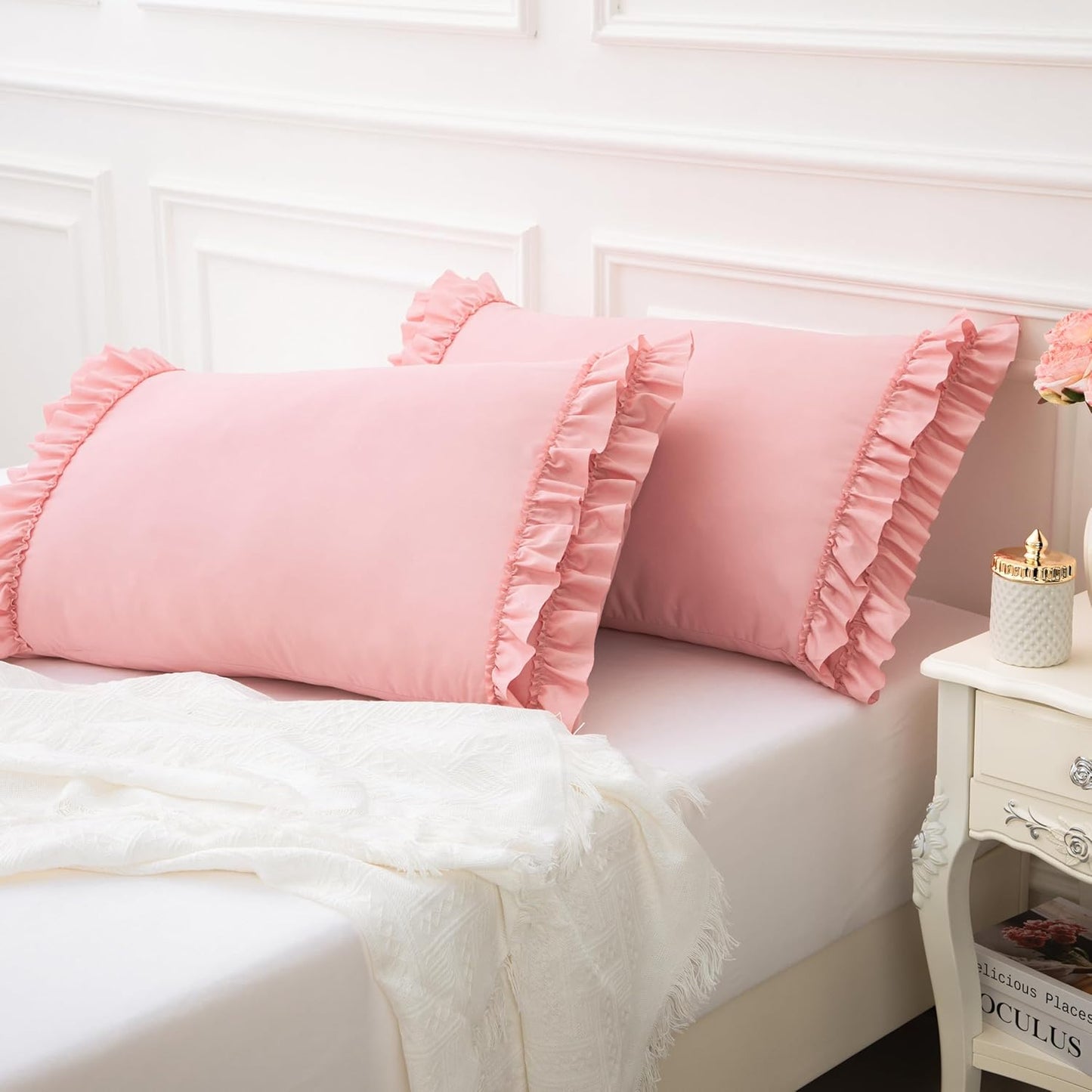Ruffle Pillow Case Set of 2, Light Pink Ruffle Pillow Shams, 20" X 36" King Size Envelope Closure Design - Soft Microfiber Decorative Pillowcase for Farmhouse & Shabby Chic Decor