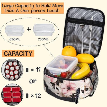 Insulated Lunch Bag,Pink Flowers Durable Lightweight Lunch Box for Kids,Gold Floral Portable Thermal Picnic Cool Bags Girls Boys School Daycare,Work,Camping