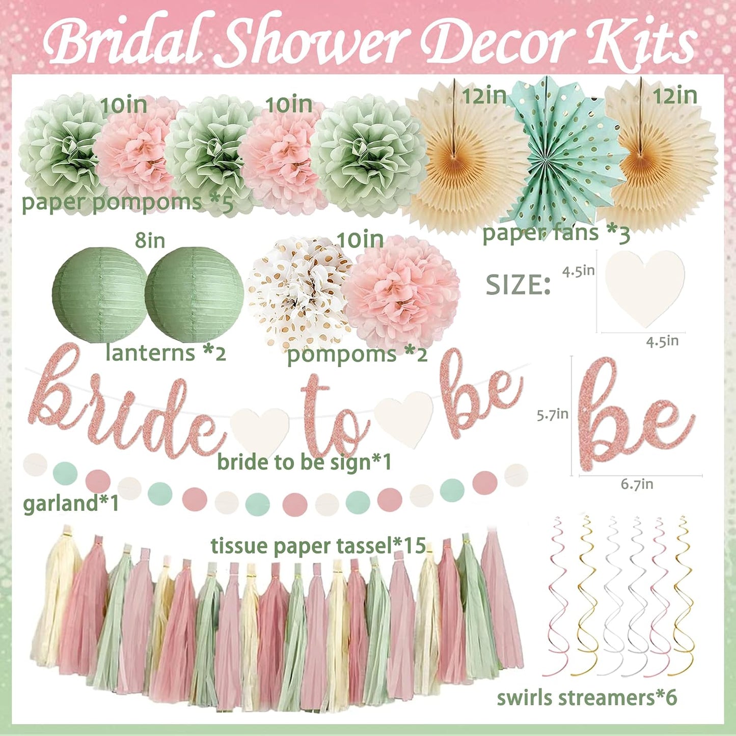 Sage Green and Blush Pink Bachelorette Party Decorations - Bride To Be Banner, Sage Green Paper Lanterns, Streamers, Tissue Pom Poms, Blush Pink Beige Boho Paper Tassel, Rustic Backdrop Decor