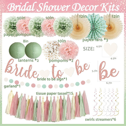 Sage Green and Blush Pink Bachelorette Party Decorations - Bride To Be Banner, Sage Green Paper Lanterns, Streamers, Tissue Pom Poms, Blush Pink Beige Boho Paper Tassel, Rustic Backdrop Decor