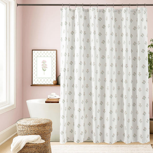 Lino Rosa Pink Cute Floral Shower Curtain, Vintage Cottage Core Shabby Chic Fabric Pretty Flower Girly Shower Curtains for Girls Bathroom, 72x72, Light Pink and Green White