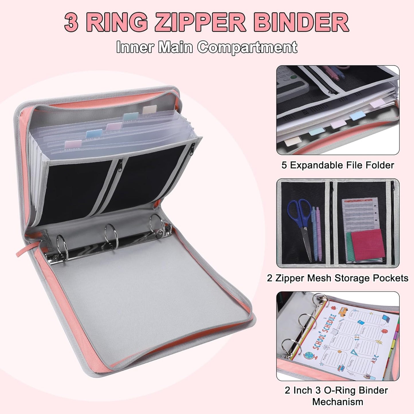 Ndsox Zipper Binder 3 Ring with Handle, 2 Inch O-Ring Document Organizer Middle School Binder with Zipper for Students, 5-Tab Expanding File Folder & 2 Mesh Pouches, DIY Clear Front Pocket, Pink